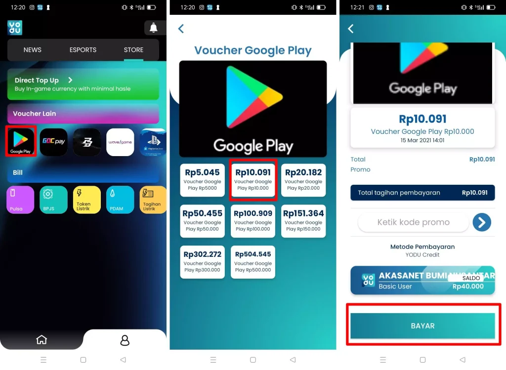 Tata cara membeli voucher Google Play di dalam aplikasi YODU