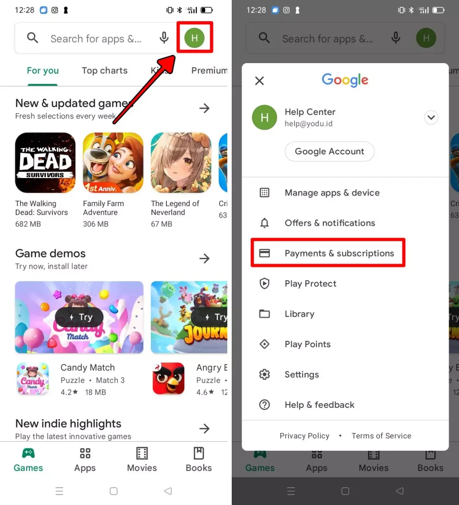 Redeem Voucher Google Play dengan cara buka menu profil lalu pilih Payments & subscriptions