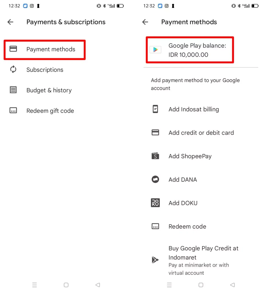 Untuk melihat saldo google play, pilih menu payment methods dari menu payments dan subscriptions